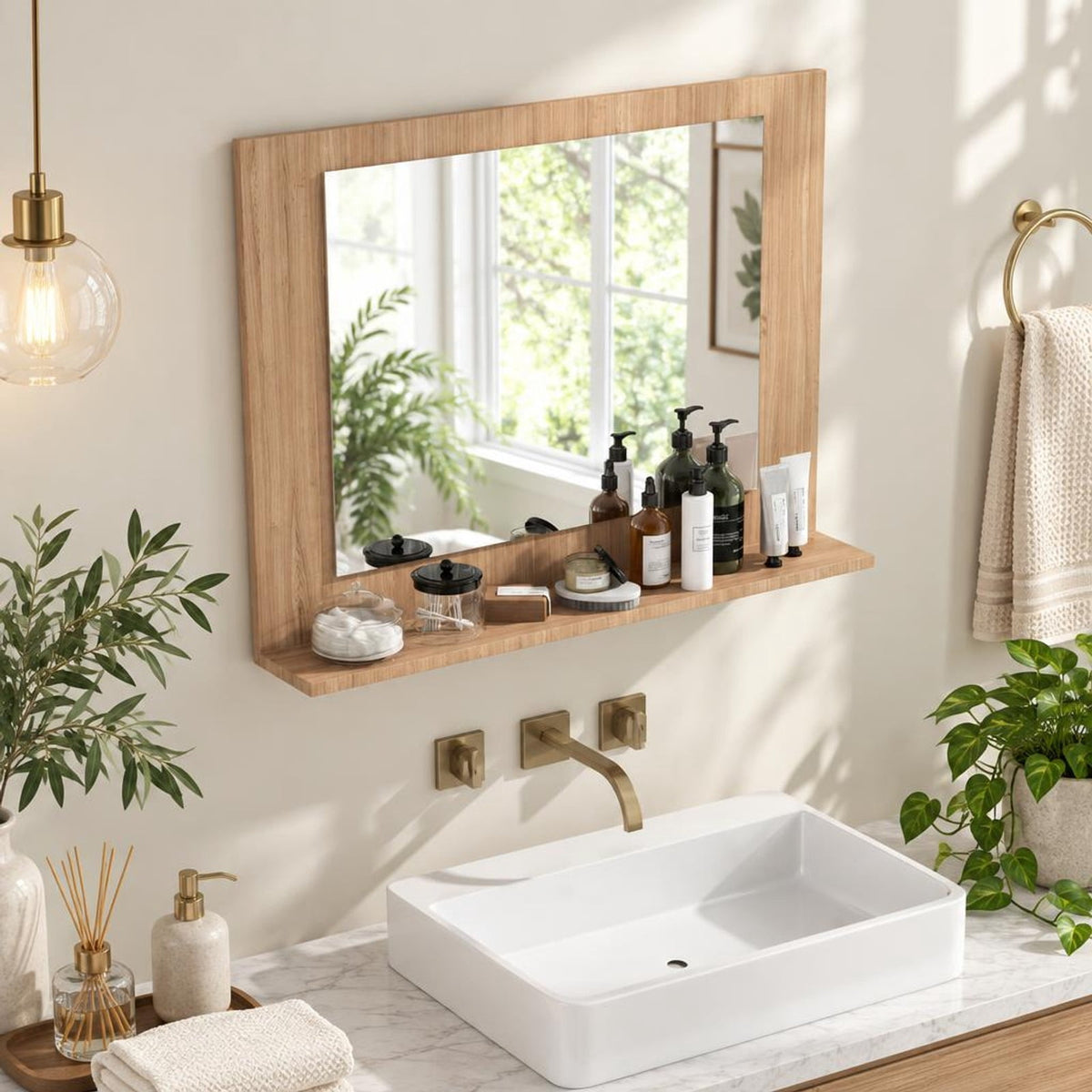 Airfind Rectangle Bathroom Mirror with Shelf 23.5 x 17.5 Inch and Wood Frame, 23.5 x 4 x 17.5Mirror Footprint, Brown