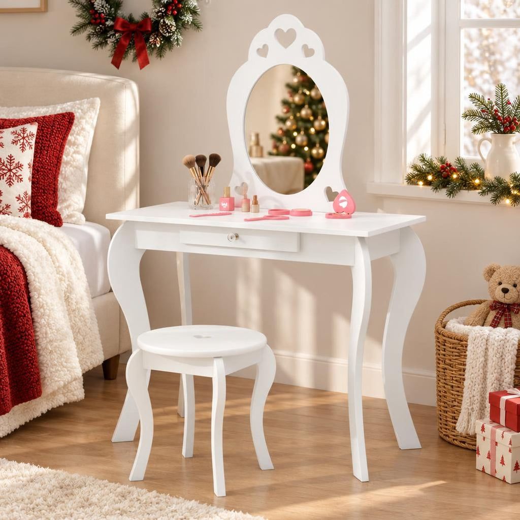 Airfind Kids Princess Makeup Dressing Play Table Set with Mirror, 33 lbs Capacity, MDF pine Frame, 27.5 Inch x 13.5 Inch x 41.5 Inch Footprint, White