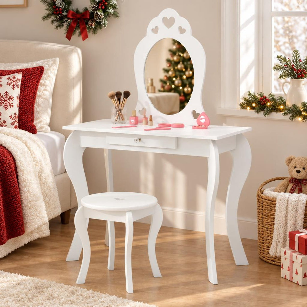 Airfind Kids Princess Makeup Dressing Play Table Set with Mirror, 33 lbs Capacity, MDF pine Frame, 27.5 Inch x 13.5 Inch x 41.5 Inch Footprint, White