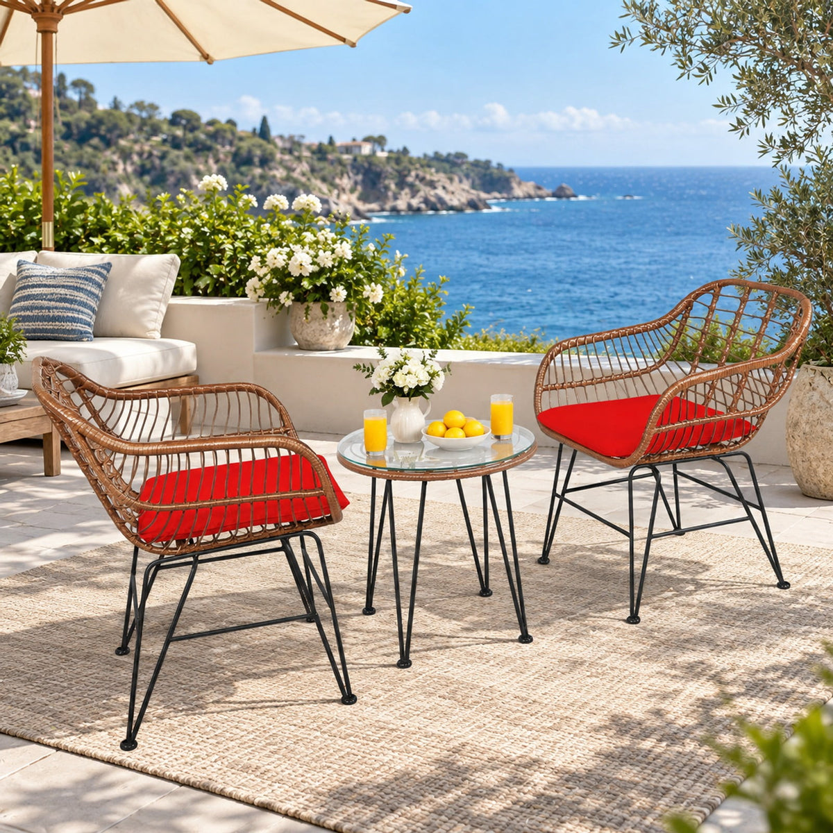Airfind 3 Pieces Patio Rattan Bistro Set with Cushion, 170 lbs Capacity, Steel Rattan Sponge Polyester Frame, 22.5 Inch x 24 Inch x 31.5 Inch Footprint, Red