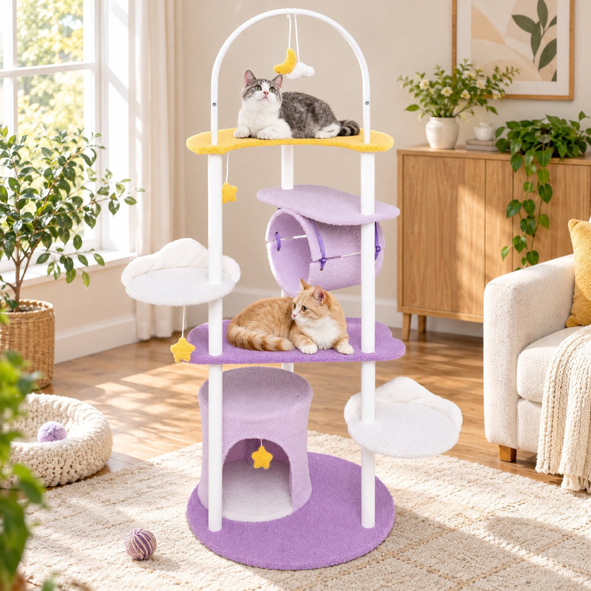 Airfind 62 Inches Large Cat Tower with Metal Frame and Jumping Platforms, 22 lbs Capacity, Purple, Diameter 24 Cat House