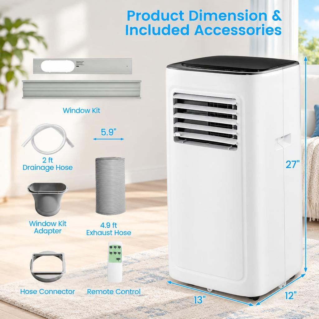 Airfind 3-in-1 9000 BTU Air Conditioner with Dehumidifier and 24H Timer, ABS Frame, White, 50dB low noise and sleep mode and no bothering