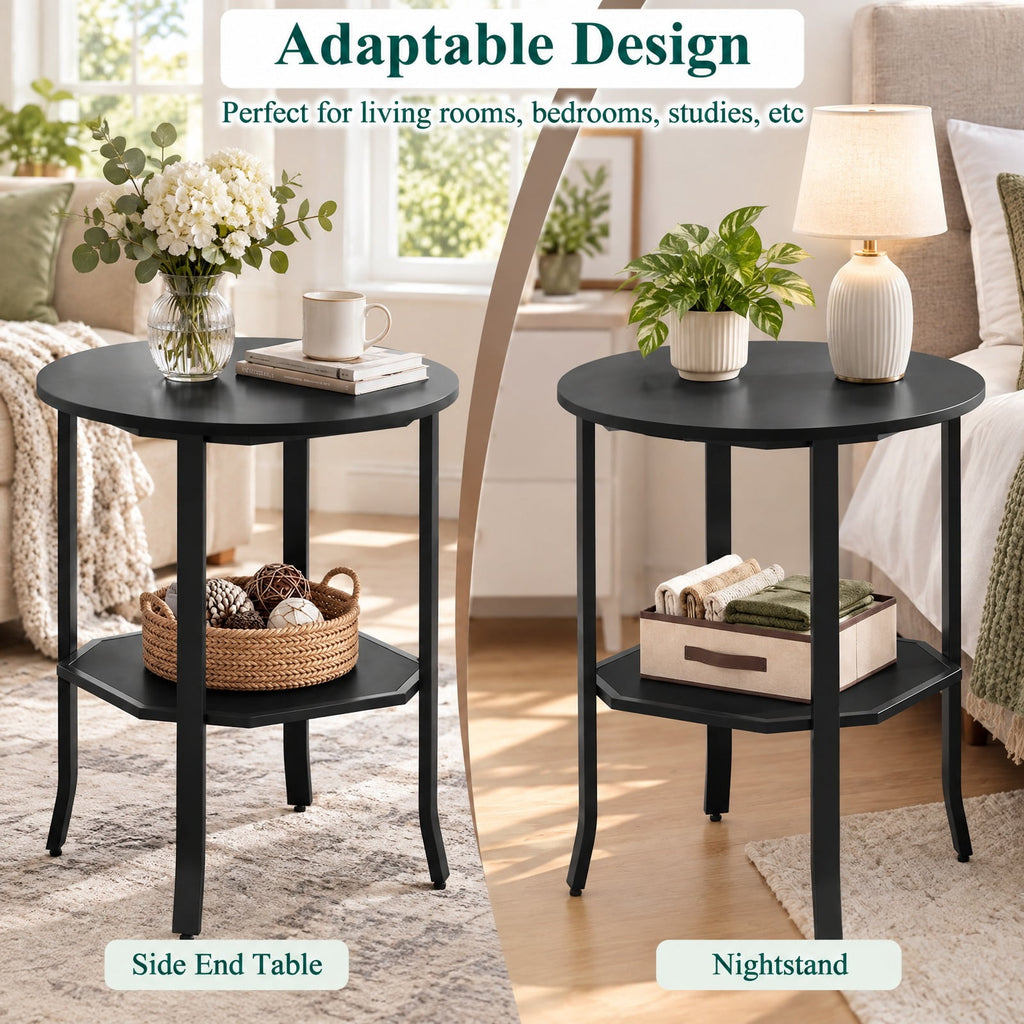 Airfind Round Side Table Small End Table with Storage Shelf 2-Tier Nightstand for Small Space, 90 lbs Capacity, Engineered Wood Carbon Steel Frame