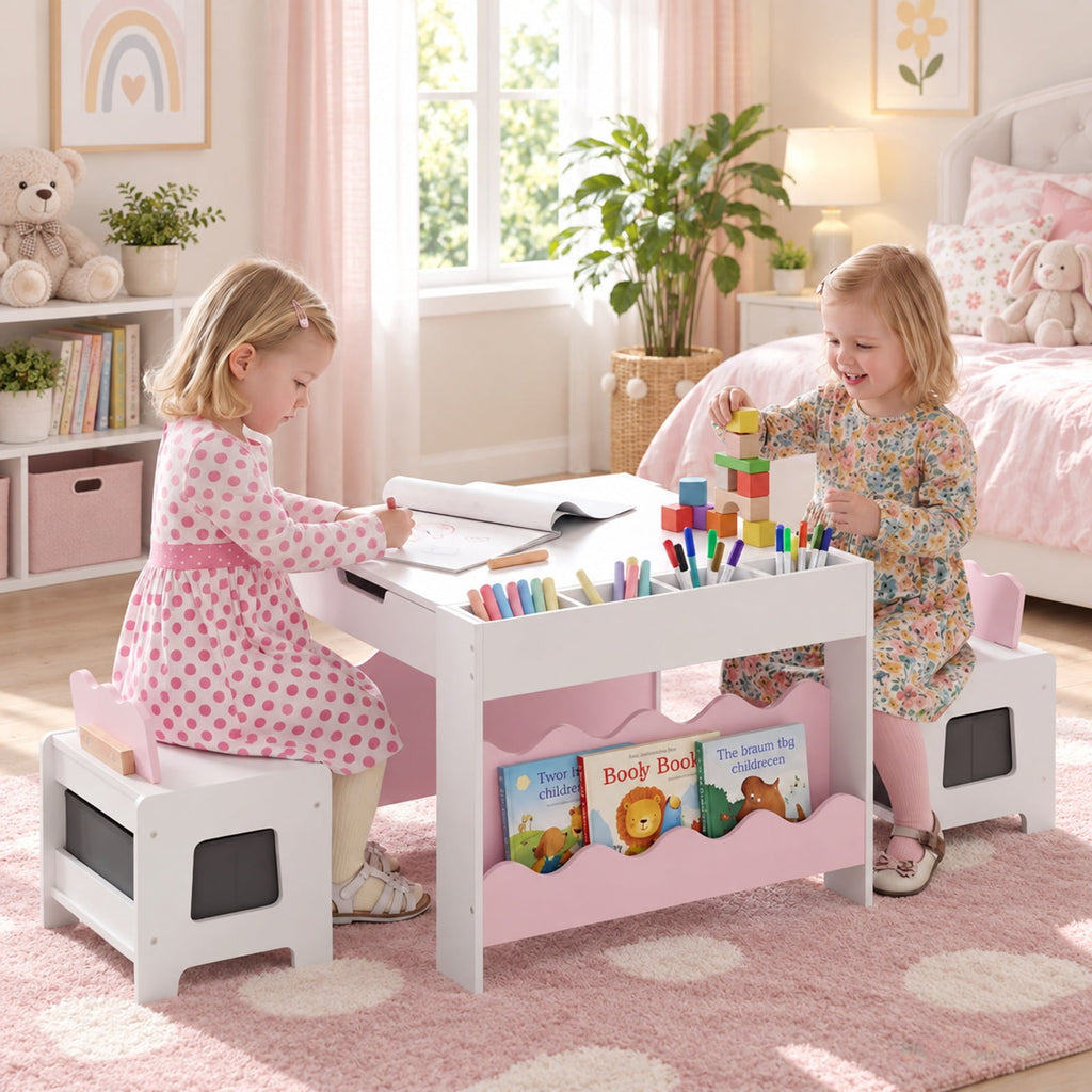 Airfind Youth Table and Chairs Set, Multi-purpose Activity, with Double-sided Tabletop, 55 lbs Capacity, MDF Frame, 26 Inch x 25 Inch x 19 Inch Footprint, Pink