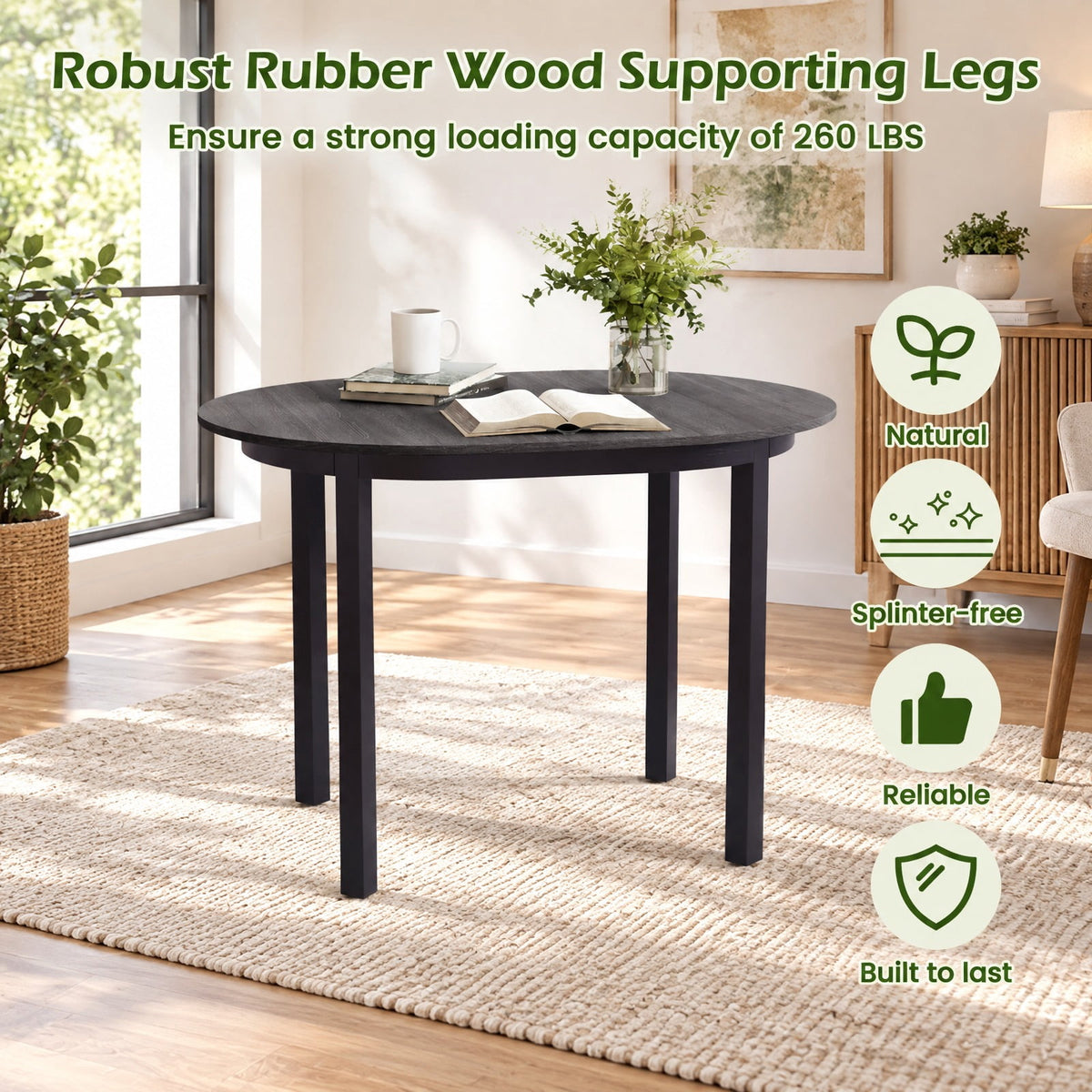 Airfind 43 Inch Wooden Dining Table with Rubber Wood Legs for 2-4 People, 260 lbs Capacity, Rubber Wood MDF Frame, 43 x 31 x 30 Footprint, Black