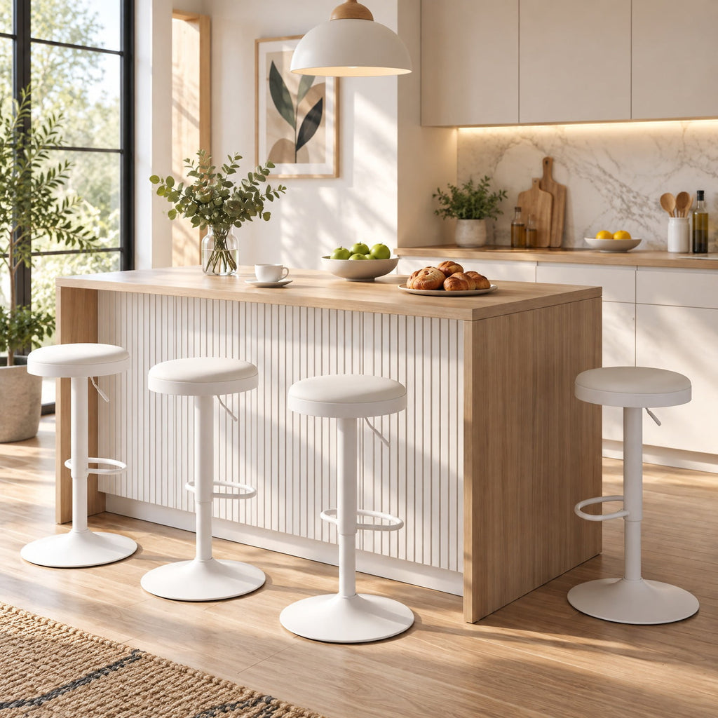 Airfind Set of 4 Kitchen Bar Stools with Height Adjustment Padded Seat and D-Shaped Footrest, 330 lbs Capacity, Metal Sponge Fabric Frame, White