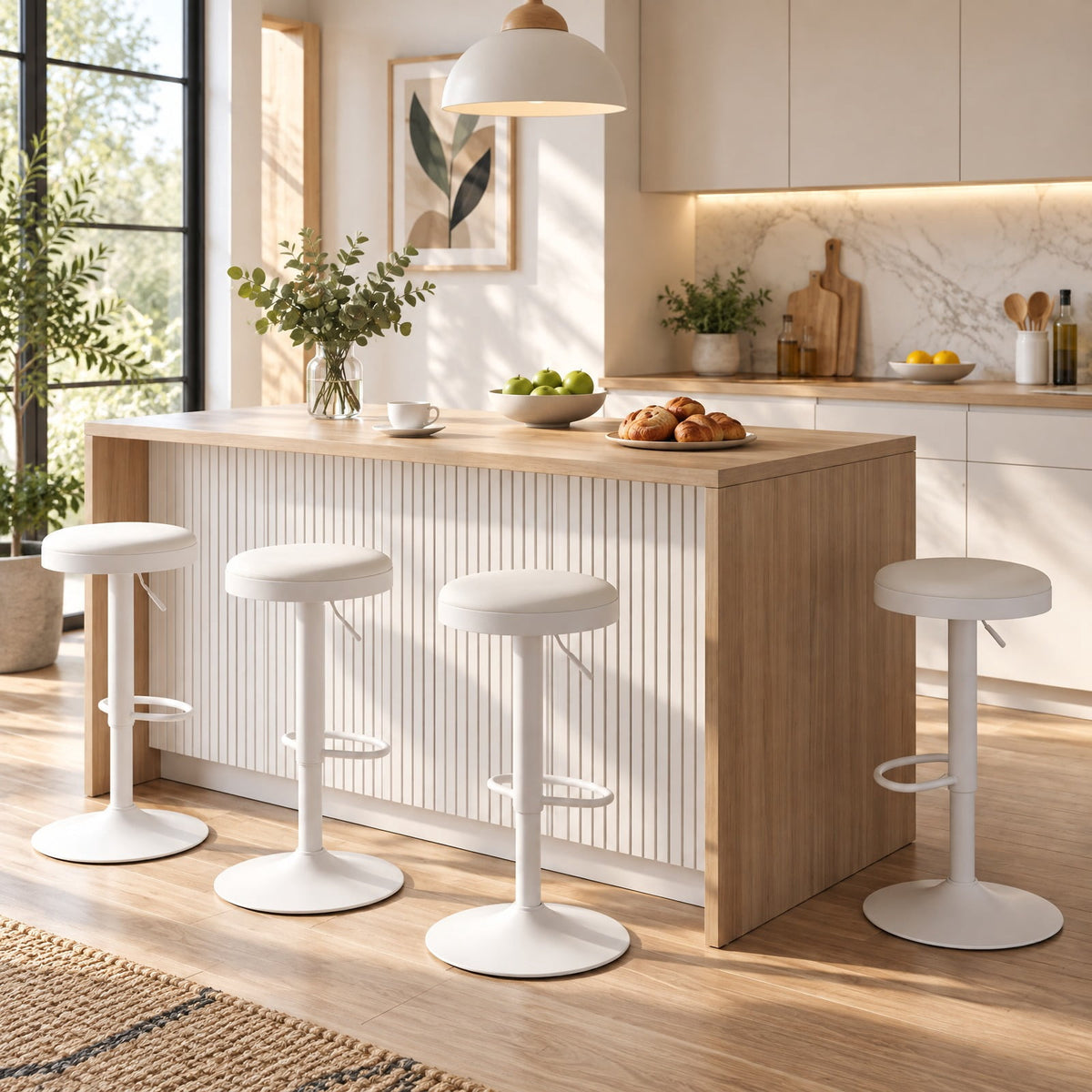 Airfind Set of 4 Kitchen Bar Stools with Height Adjustment Padded Seat and D-Shaped Footrest, 330 lbs Capacity, Metal Sponge Fabric Frame, White