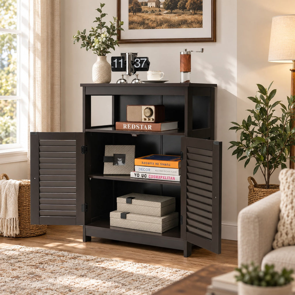 Airfind Wood Freestanding Bathroom Storage Cabinet with Double Shutter Door, 77 lbs Capacity, P2 MDF Frame, 23.5in x 12in x 31.5in Footprint, Brown