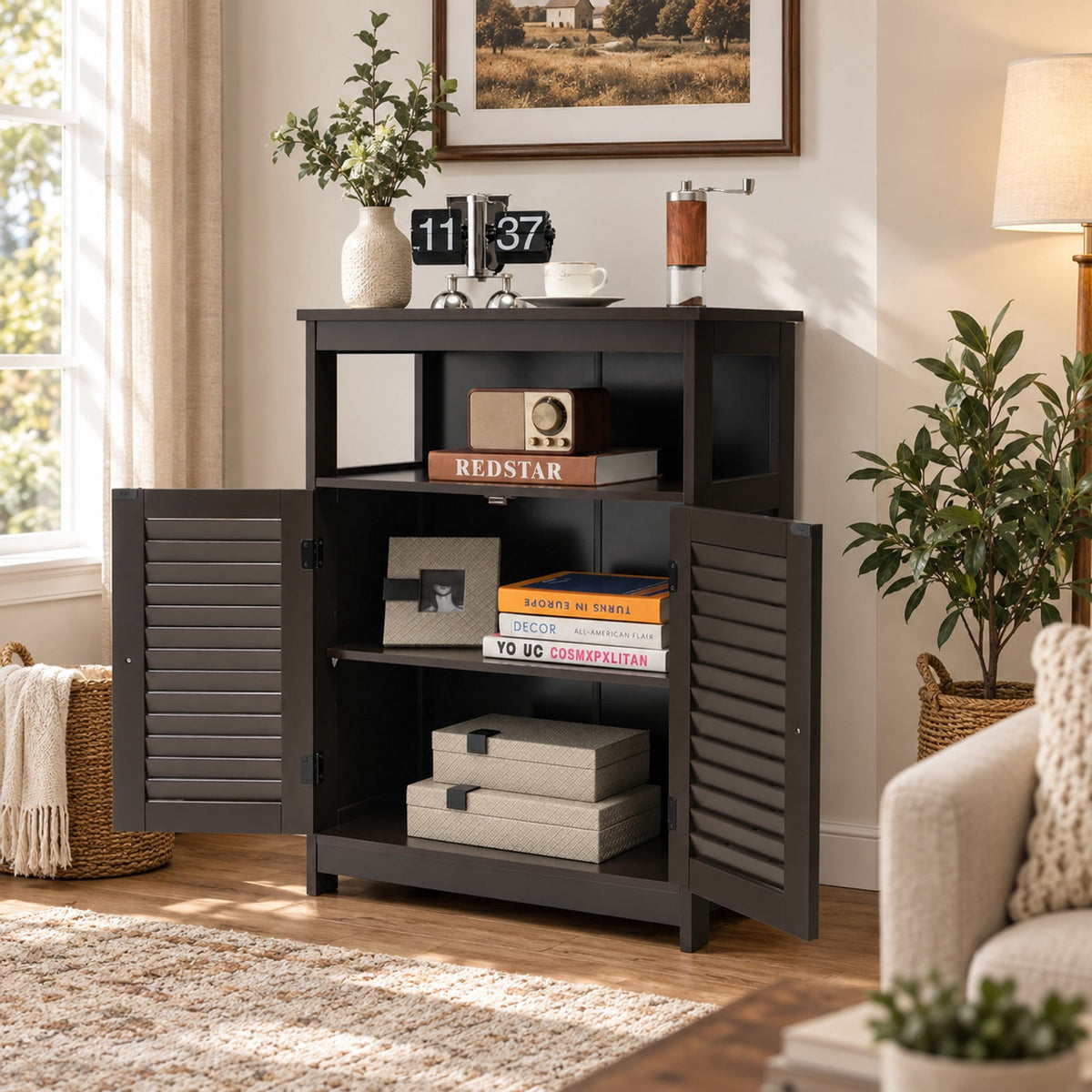 Airfind Wood Freestanding Bathroom Storage Cabinet with Double Shutter Door, 77 lbs Capacity, P2 MDF Frame, 23.5in x 12in x 31.5in Footprint, Brown