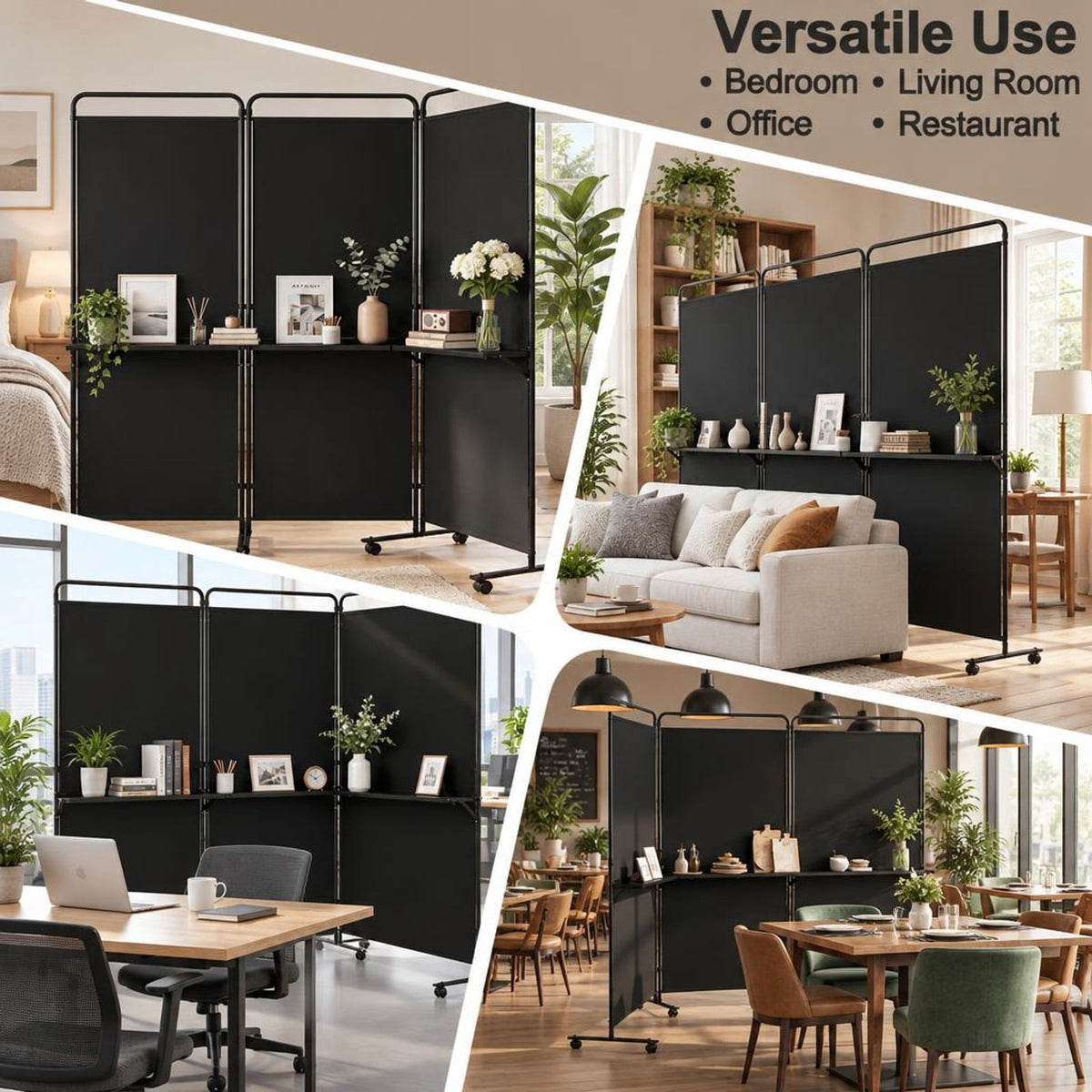 Airfind 3-Panel Room Divider with Shelves 6 FT Tall Folding Privacy Screen with Lockable Wheels, Polyester Fabric Metal Frame, Black