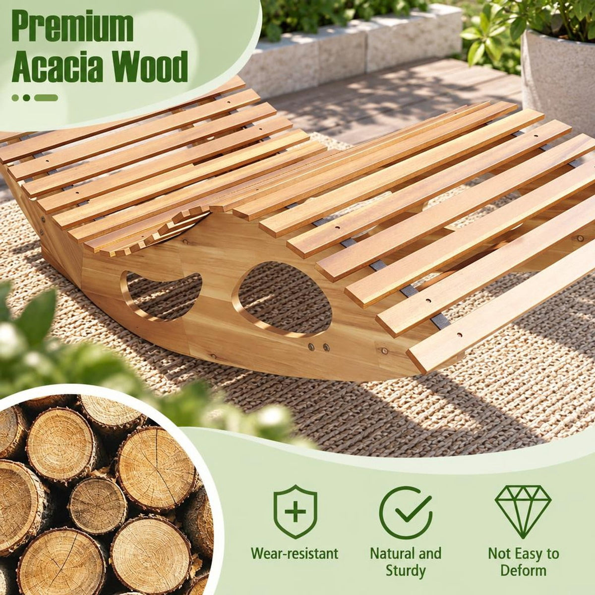 Airfind Acacia Wood Patio Rocking Sun Lounger Chaise Lounge with Ergonomic Curved Seat, 350 lbs Capacity, Acacia Wood Frame, Wood