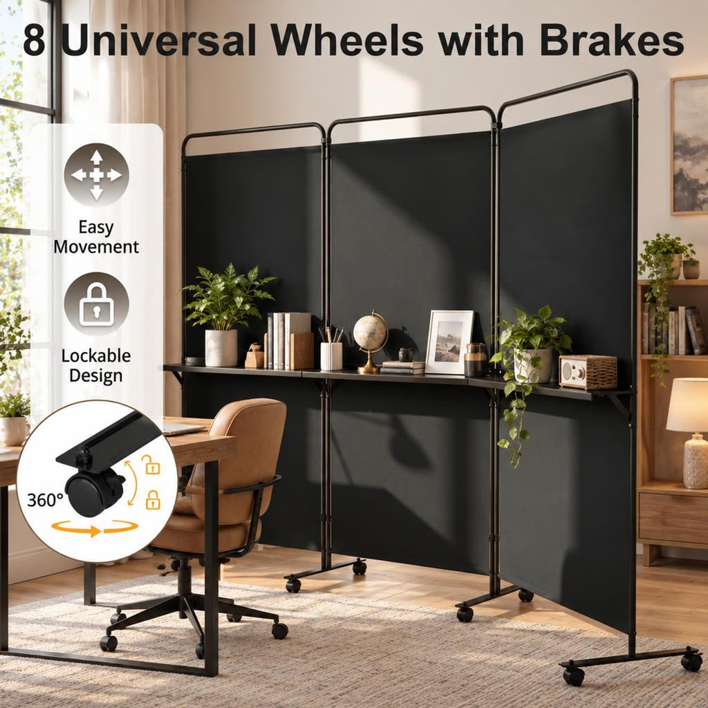 Airfind 3-Panel Room Divider with Shelves 6 FT Tall Folding Privacy Screen with Lockable Wheels, Polyester Fabric Metal Frame, Black
