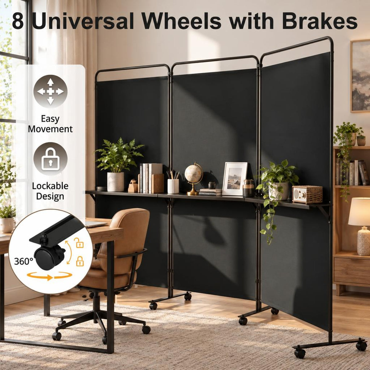 Airfind 3-Panel Room Divider with Shelves 6 FT Tall Folding Privacy Screen with Lockable Wheels, Polyester Fabric Metal Frame, Black