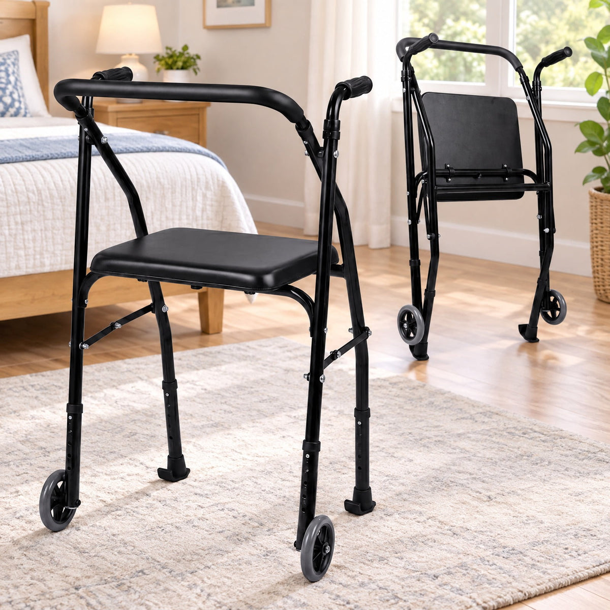 Airfind Lightweight Aluminum Mobility Walker for Seniors with 2 Wheels 5-Level Adjustable Height and Padded Seat, 220 lbs Capacity, Black