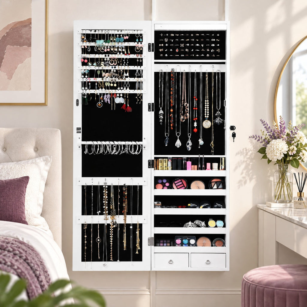 Airfind Wall Mounted Lockable Mirror Jewelry Cabinet with LED Light, Real glass quality MDF soft velvet Frame, 14.5in x 3.5in x 56.5in Footprint, White