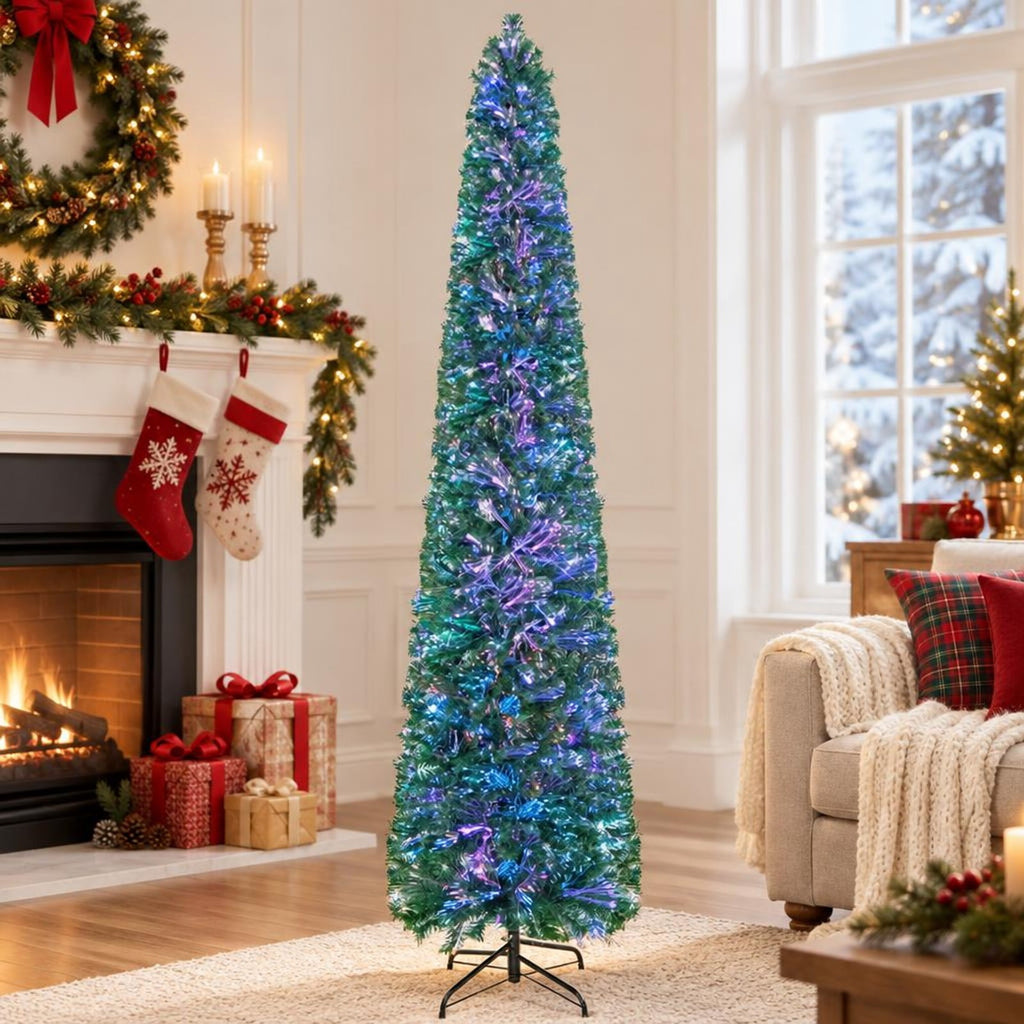 Airfind 5/6/7/8 FT Pre-Lit Christmas Pencil Tree with Colorful Fiber Optics Green-8 ft, PVC Metal Fiber Optics Frame, Green