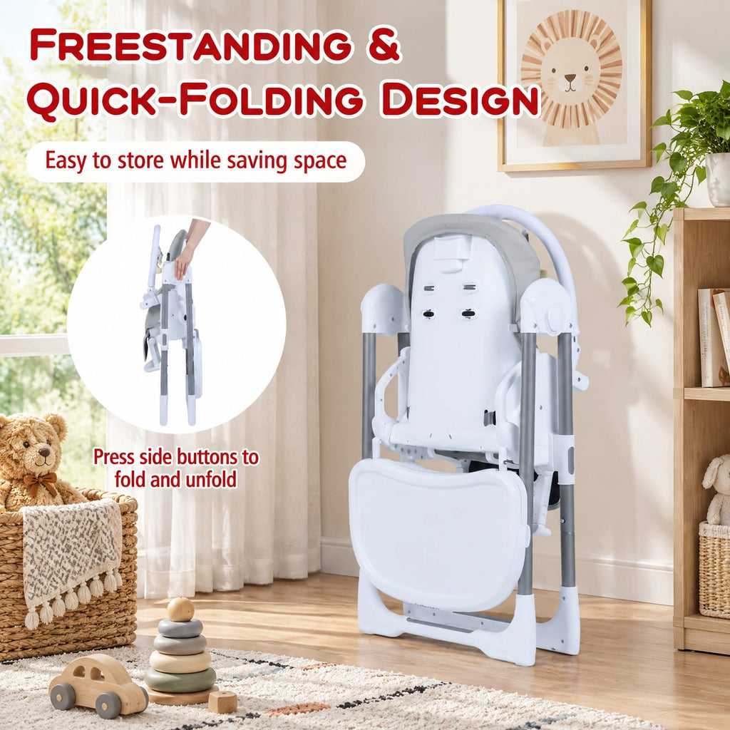 Airfind Foldable Baby High Chair with Adjustable Height and Relining Seat, 15 kg Capacity, Metal PP PU Frame, for 6-36 Months, Light Gray