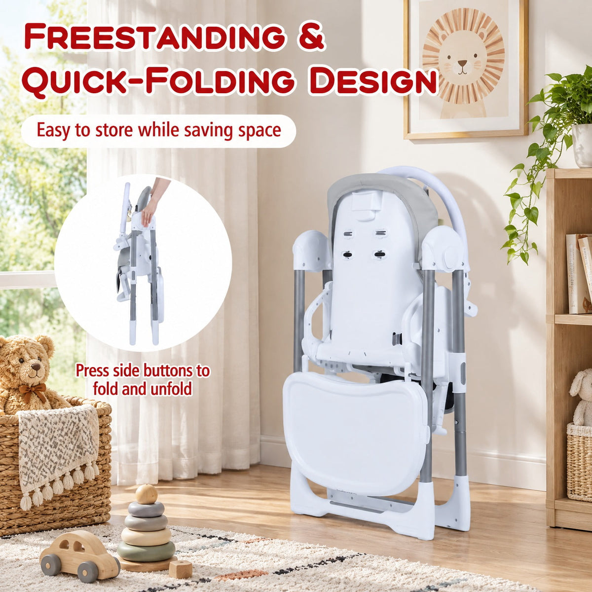 Airfind Foldable Baby High Chair with Adjustable Height and Relining Seat, 15 kg Capacity, Metal PP PU Frame, for 6-36 Months, Light Gray