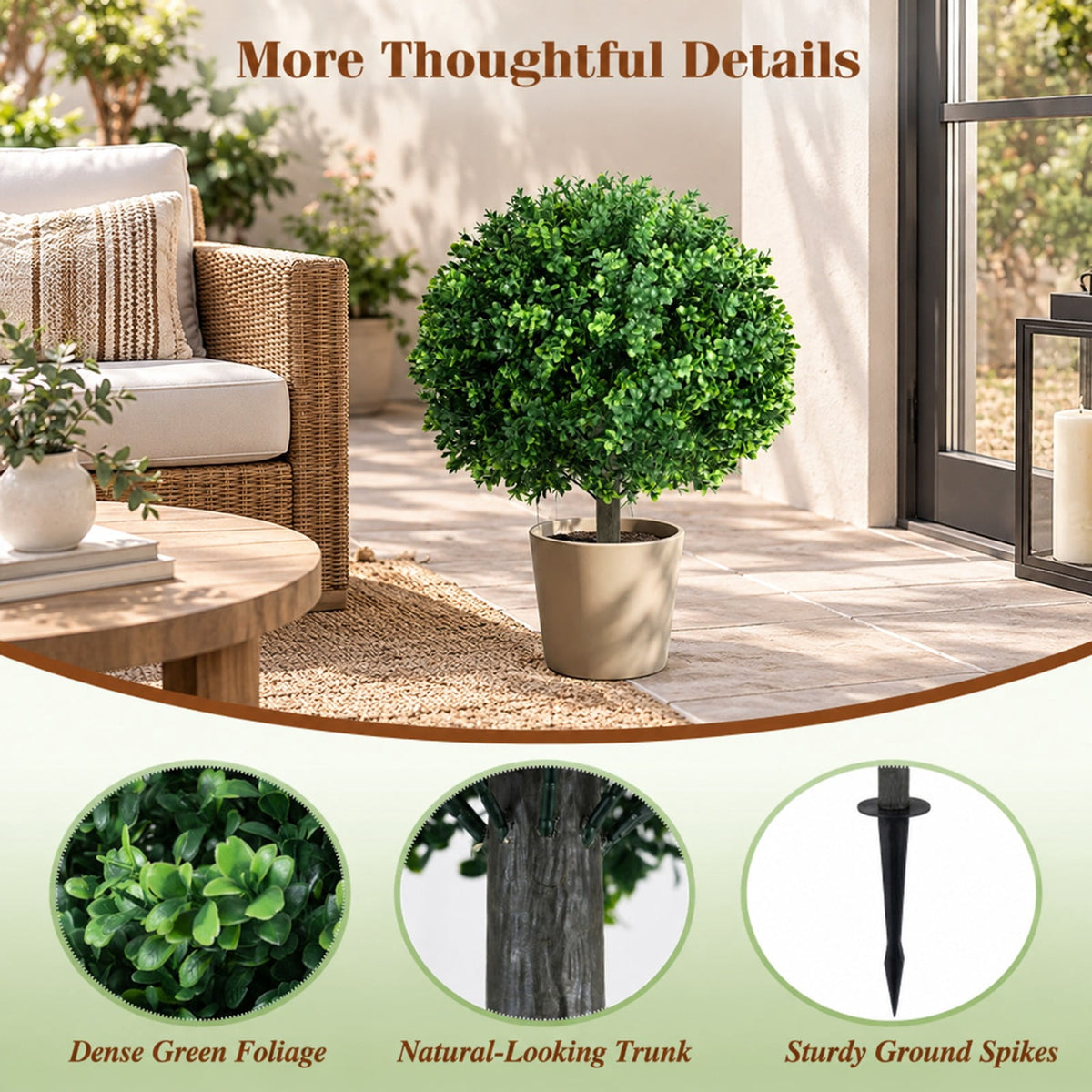 Airfind 27 Inch Artificial Boxwood Topiary Trees Set of 2 with Ground Spikes for Porch Patio, 14 Inch x 27 Inch Length of Ground Spike 8 Inch Total Footprint
