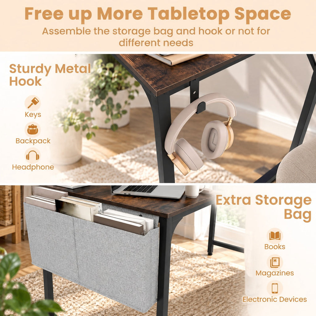 Airfind 32 Inch Home Office Desk with Charging Station Storage Bag and Headphone Hook, 210 lbs Capacity, Engineered Wood MDF Metal Fabric Frame