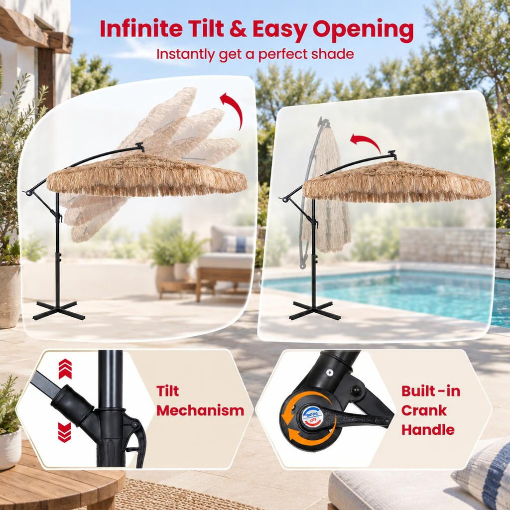 Airfind 10 FT Solar Thatched Cantilever Umbrella with 96 Multi-color Flowing Lights and 12 Modes, PE Thatch Polyester Fabric Metal ABS Frame, Brown