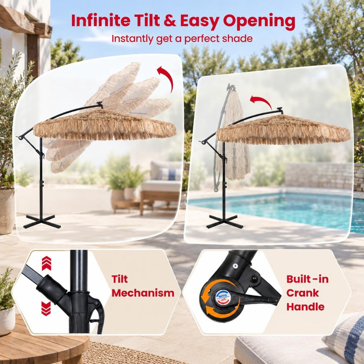 Airfind 10 FT Solar Thatched Cantilever Umbrella with 96 Multi-color Flowing Lights and 12 Modes, PE Thatch Polyester Fabric Metal ABS Frame, Brown
