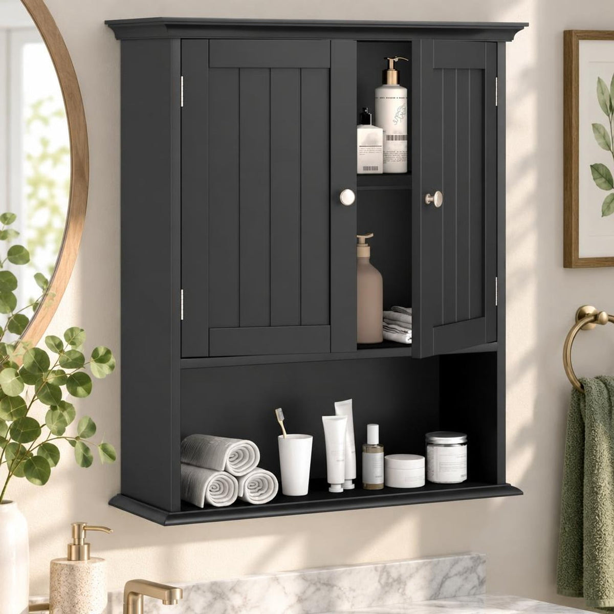 Airfind Wall Mount Bathroom Cabinet Storage Organizer with Doors and Shelves, MDF Metal for Convenient Everyday Use, Black