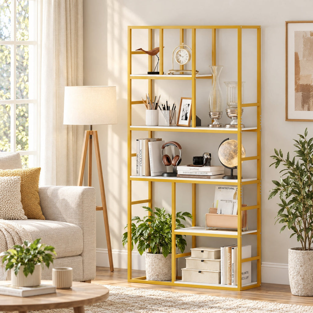Airfind 71 Inch Tall Bookshelf Metal Frame 5-Tier Geometric Bookcase-White and Golden, 44 lbs Capacity, Metal Engineered Wood Frame, White