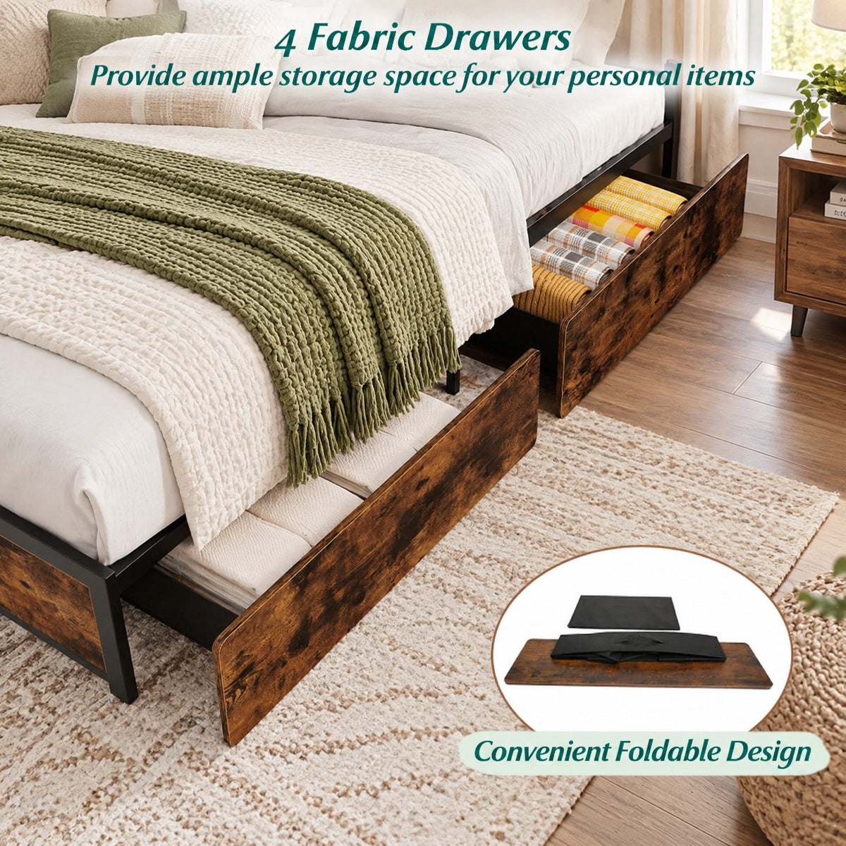 Airfind Full/Queen Size LED Bed Frame with Charging Station and 4 Storage Drawers, 81 Inch x 56 Inch x 40 Inch Inner Footprint