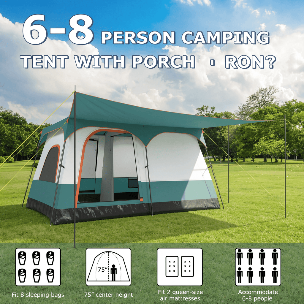 Airfind 6-8 Person Large Family Camping Tent with Porch, 2 Rooms and 2 Doors, Waterproof Cabin Tent with Skylight and Rainfly, Green
