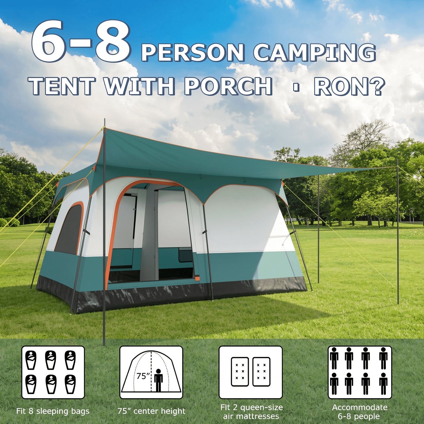 Airfind 6-8 Person Large Family Camping Tent with Porch, 2 Rooms and 2 Doors, Waterproof Cabin Tent with Skylight and Rainfly, Green