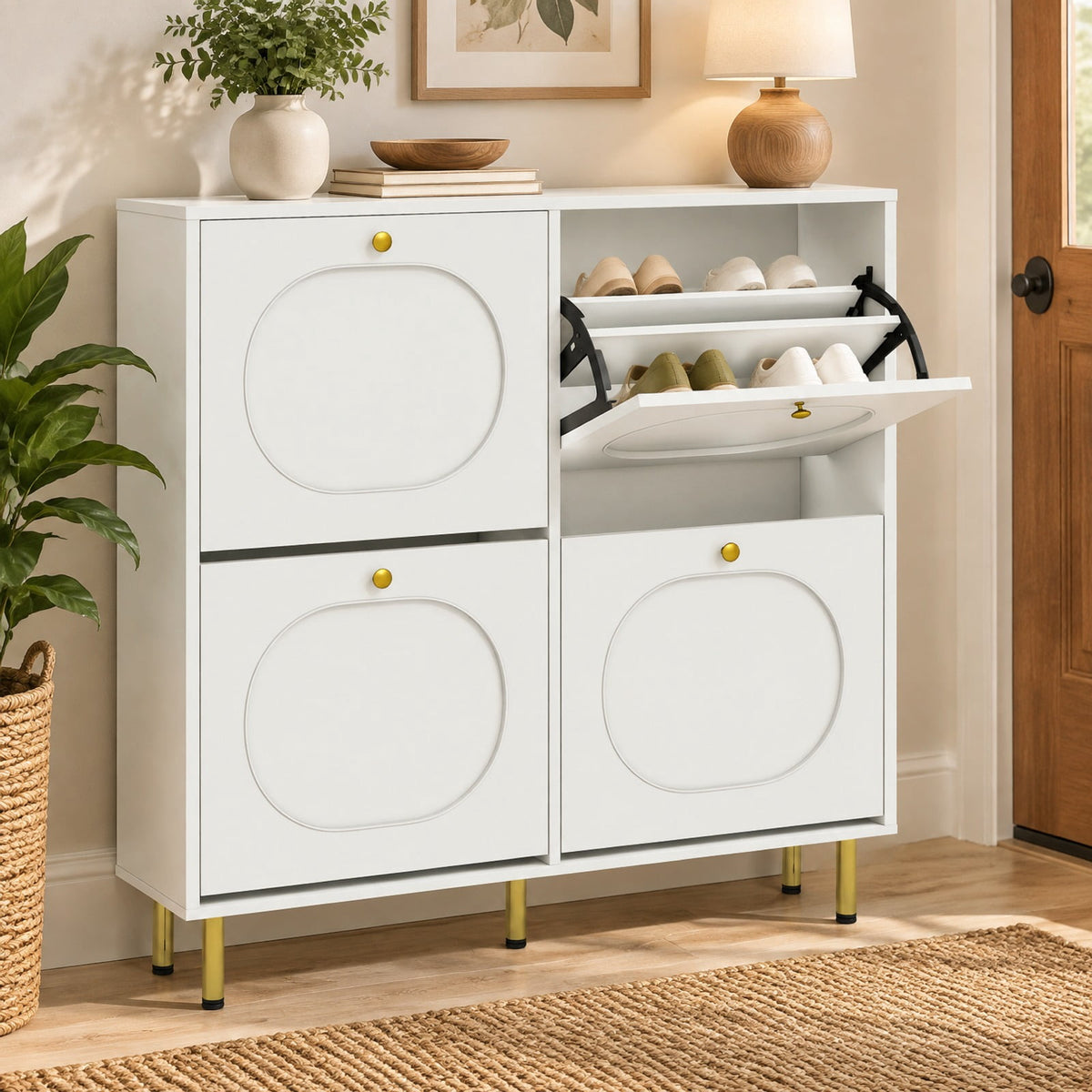 Airfind Shoe Storage Cabinet with 4 Flip Drawers and Aluminum Legs for Foyer and Hallway, 40in x 9.5in x 38.5inNet Weight 55 lbsWeight Footprint, Brown