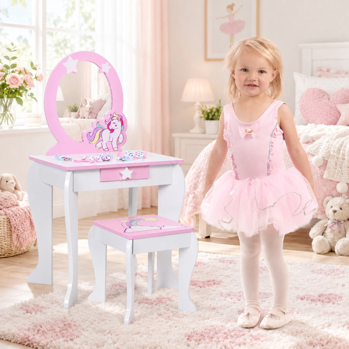 Airfind Kids Wooden Makeup Dressing Table and Chair Set with Mirror and Drawer, MDF Frame, 19 Inch x 14 Inch x 35 Inch Footprint, White