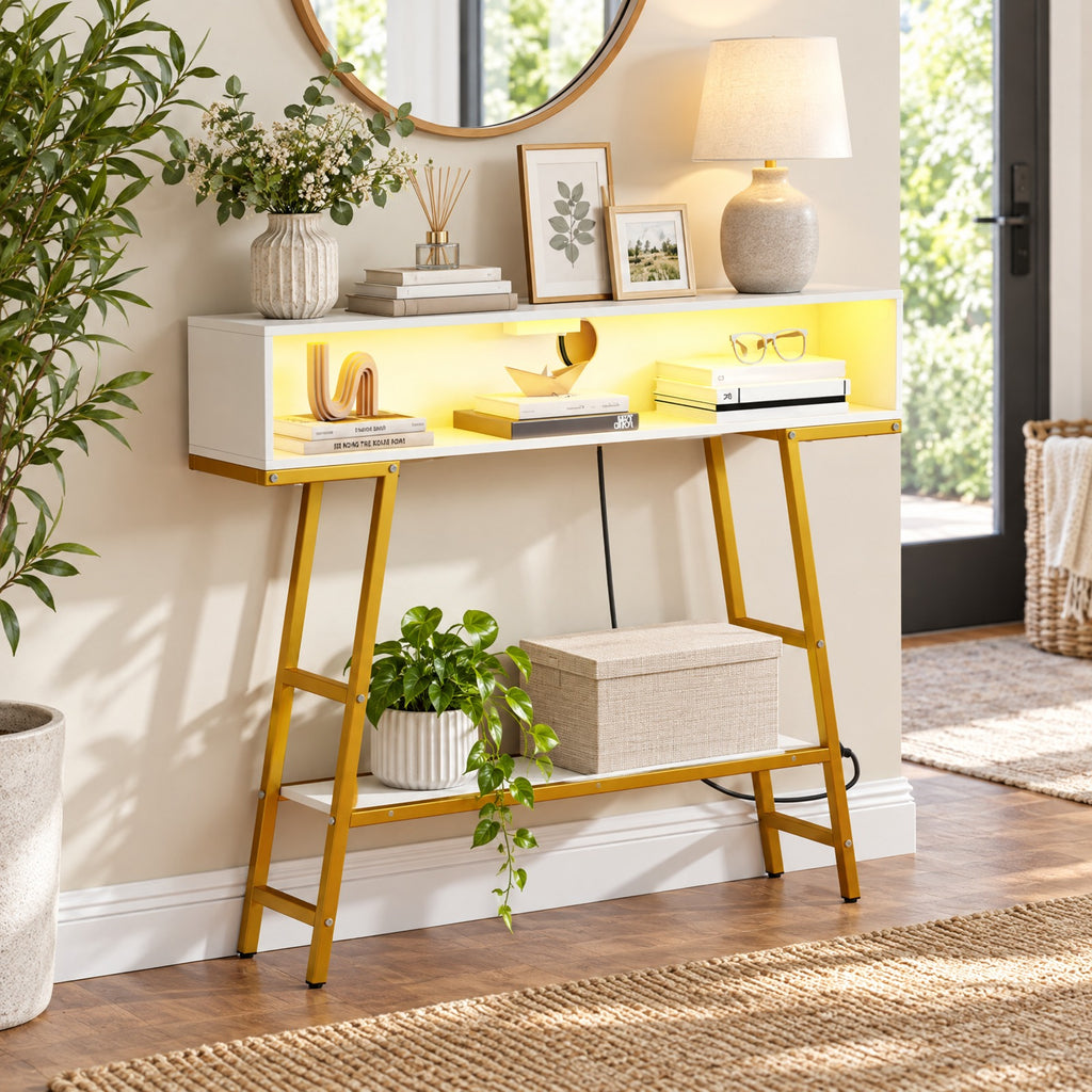 Airfind 40 Console Table with Charging Station and LED Lights, 45 lbs Capacity, Engineered Wood MDF Metal Frame, 40 x 8 x 34 Footprint, White