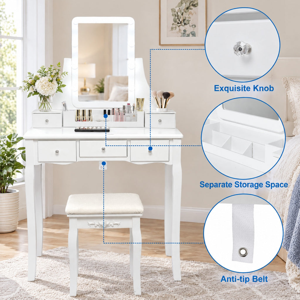 Airfind 10 Dimmable Light Bulbs Vanity Dressing Table with 2 Dividers and Cushioned Stool, 286 lbs Capacity, MDF Frame, White