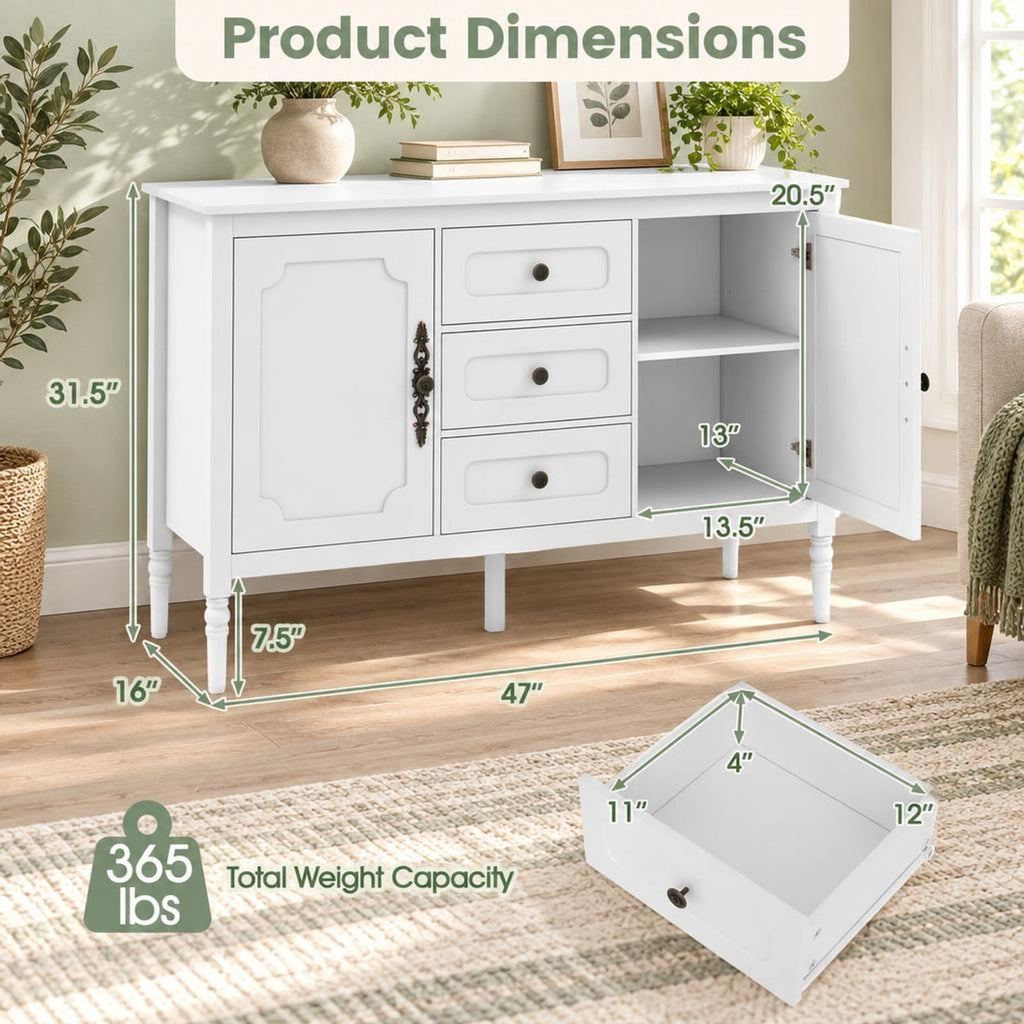 Airfind 47 Inch Vintage Buffet Cabinet with 3 Drawers 2 Cabinets and Adjustable Shelves for Dining Room, 110 Lbs Capacity, 47 Inch X 15.5 Inch X 31.5 Inch, White
