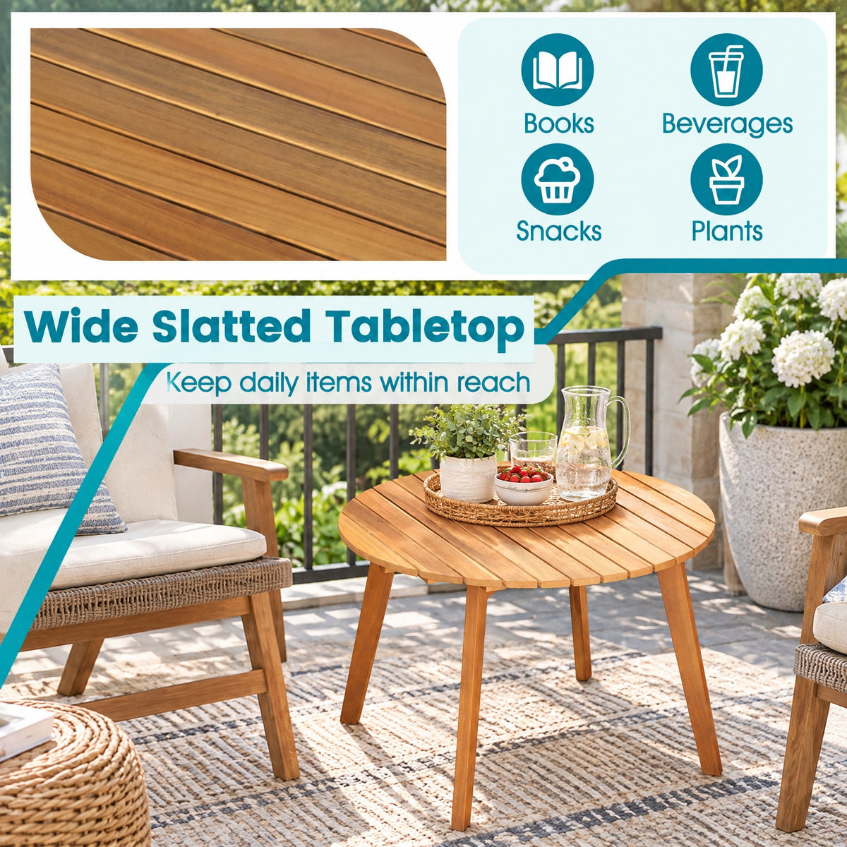 Airfind Round Outdoor Acacia Wood Side Table with Slatted Tabletop, 165 lbs Capacity, Acacia Wood Frame, 24.5 x 24.5 x 16 Footprint, Wood