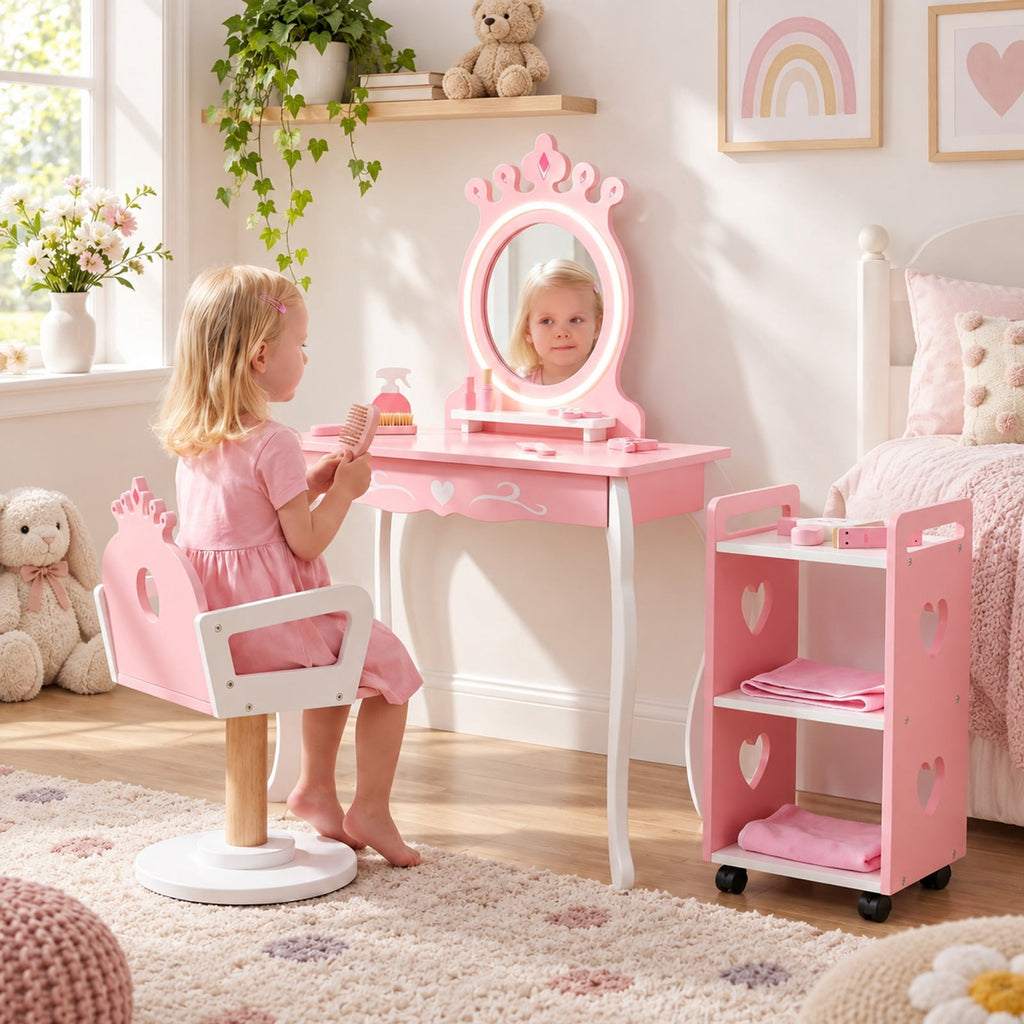 Airfind Kids Hair Salon Play Set with LED Lighted Mirror Wooden Pretend Hair Salon Station with Swivel Barber Chair, 66 lbs Capacity, Pink