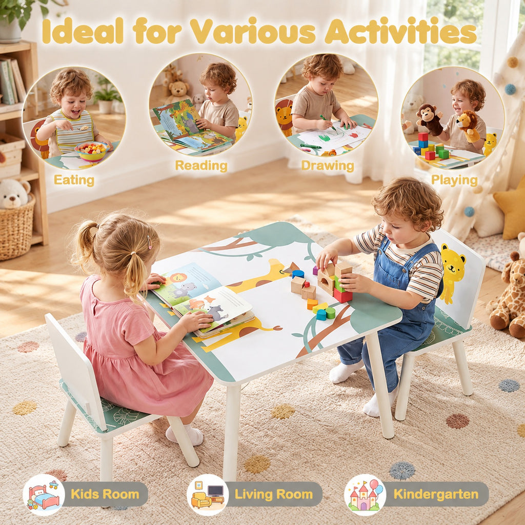 Airfind 3 Pieces Kids Table and Chairs Set with Animal Patterns for Aged 3-6 Years Old, 44 lbs Capacity, Pine Wood, for 3-6 Years Old