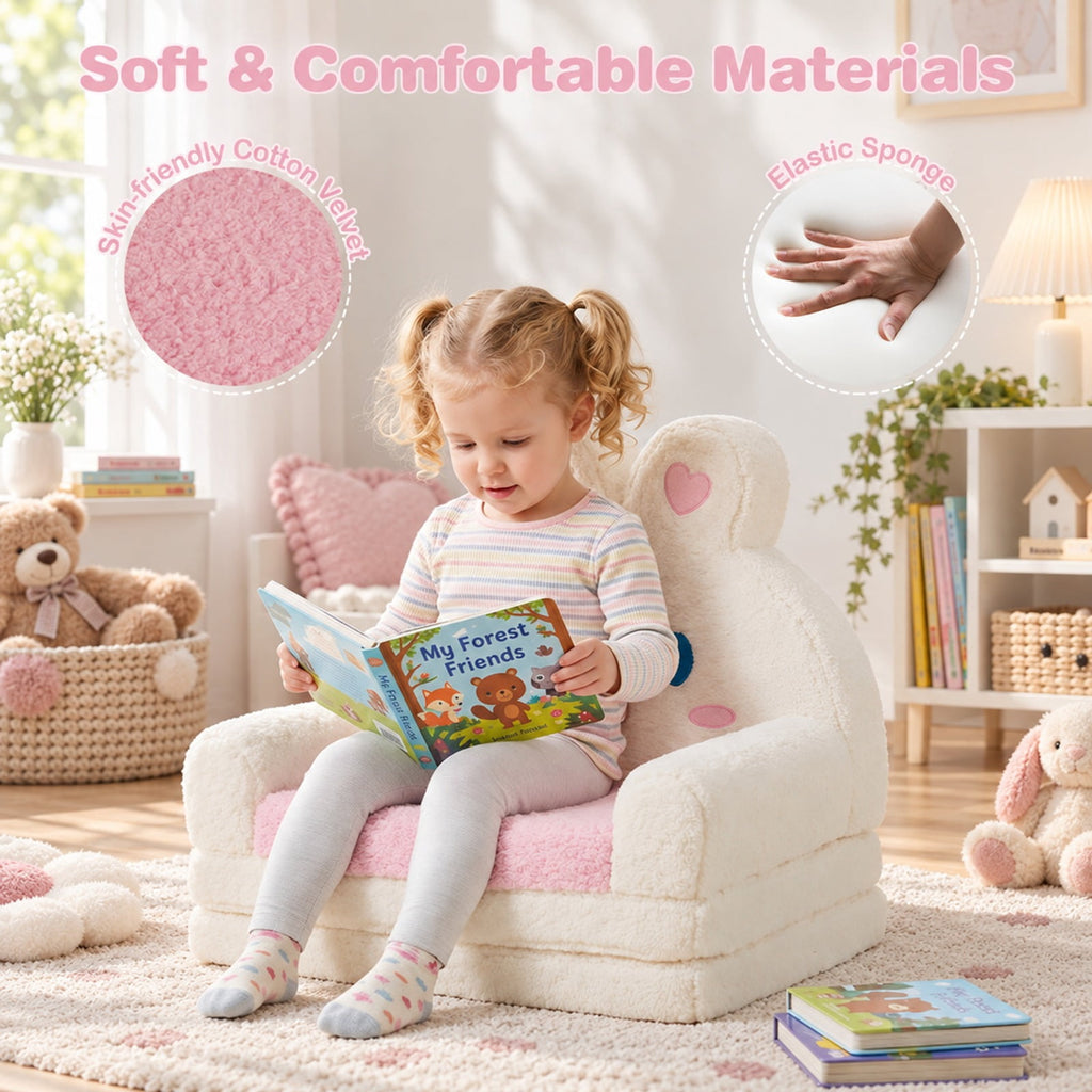 Airfind 2-in-1 Convertible Kids Sofa to Lounger with Bunny Pattern, Cotton Velvet Sponge Frame, for 18-36 Months Old, Pink