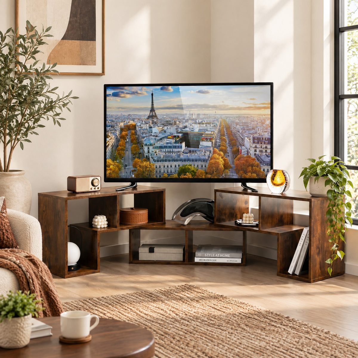 Airfind 3 Pieces Console TV Stand for TVs up to 65 Inch with Shelves, 176 lbs Capacity, Brown, Dimensions of Rectangular Shelf 26.5 x