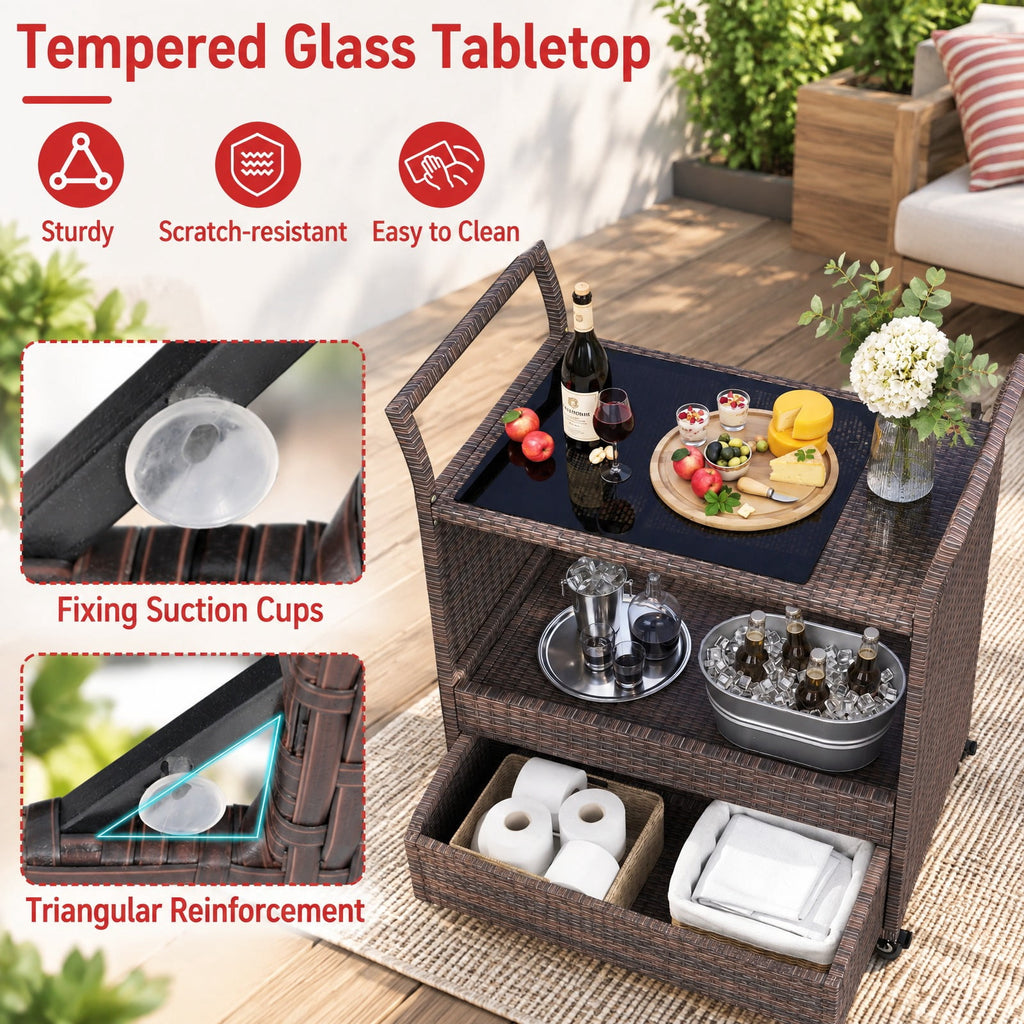AIRFIND Outdoor Bar Cart with Wicker Exterior, Tempered Glass Top, Storage Drawer and Shelf, Four Casters with Two Brakes, 33.5 in Wide