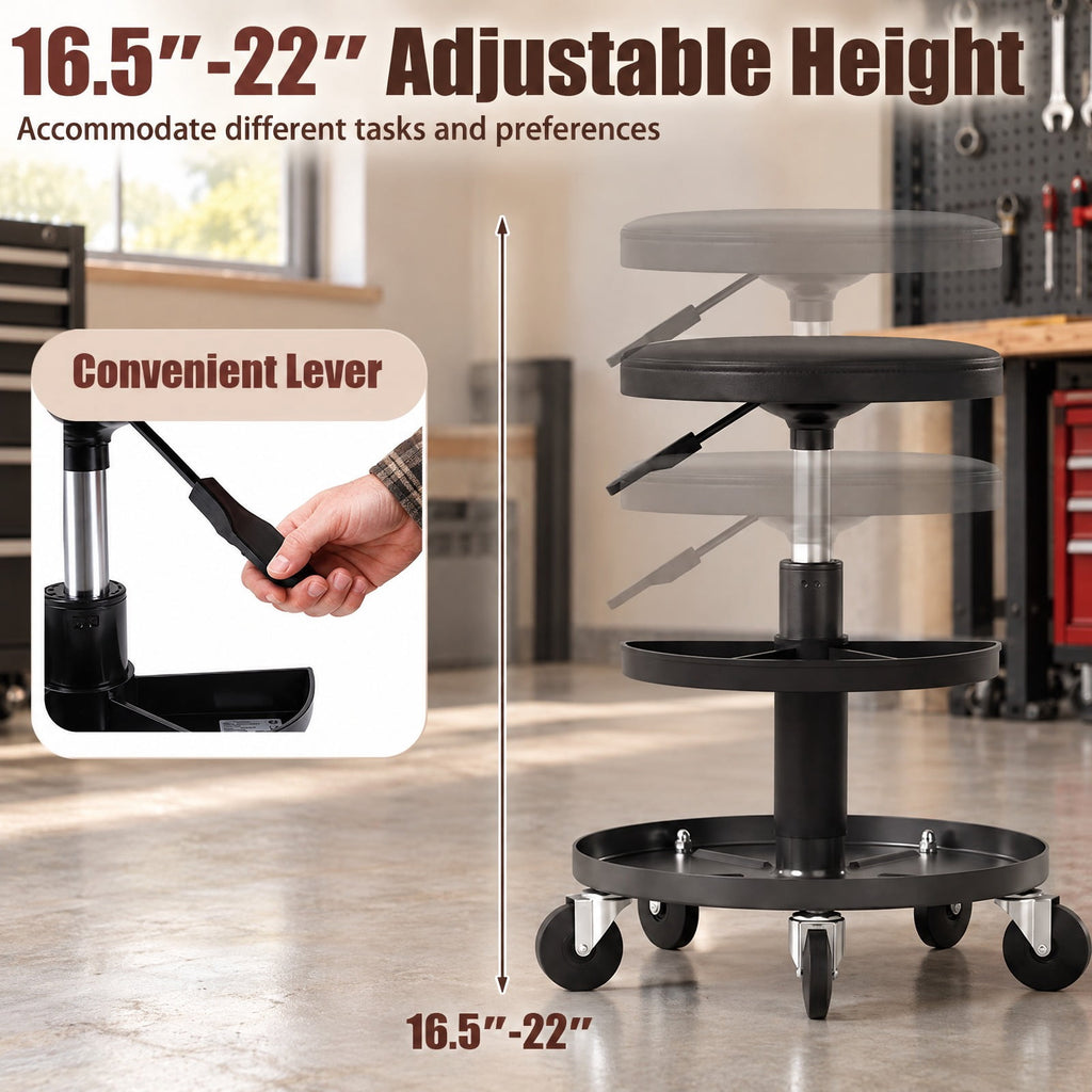 Airfind 16.5-22 Adjustable Height Seat Rolling Mechanic Stool with Wheels, 265 lbs Capacity, PU Leather Frame, 15 x 15 x 16.5-22 Footprint