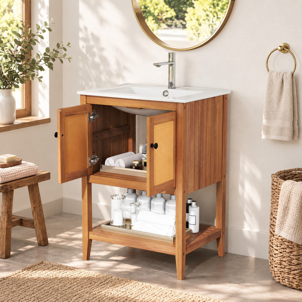 Airfind Bathroom Vanity with Ceramic Sink 2 Rattan Doors and Slatted Shelf, 70 lbs Capacity, Acacia Wood PE Rattan Ceramic Frame, White + Natural