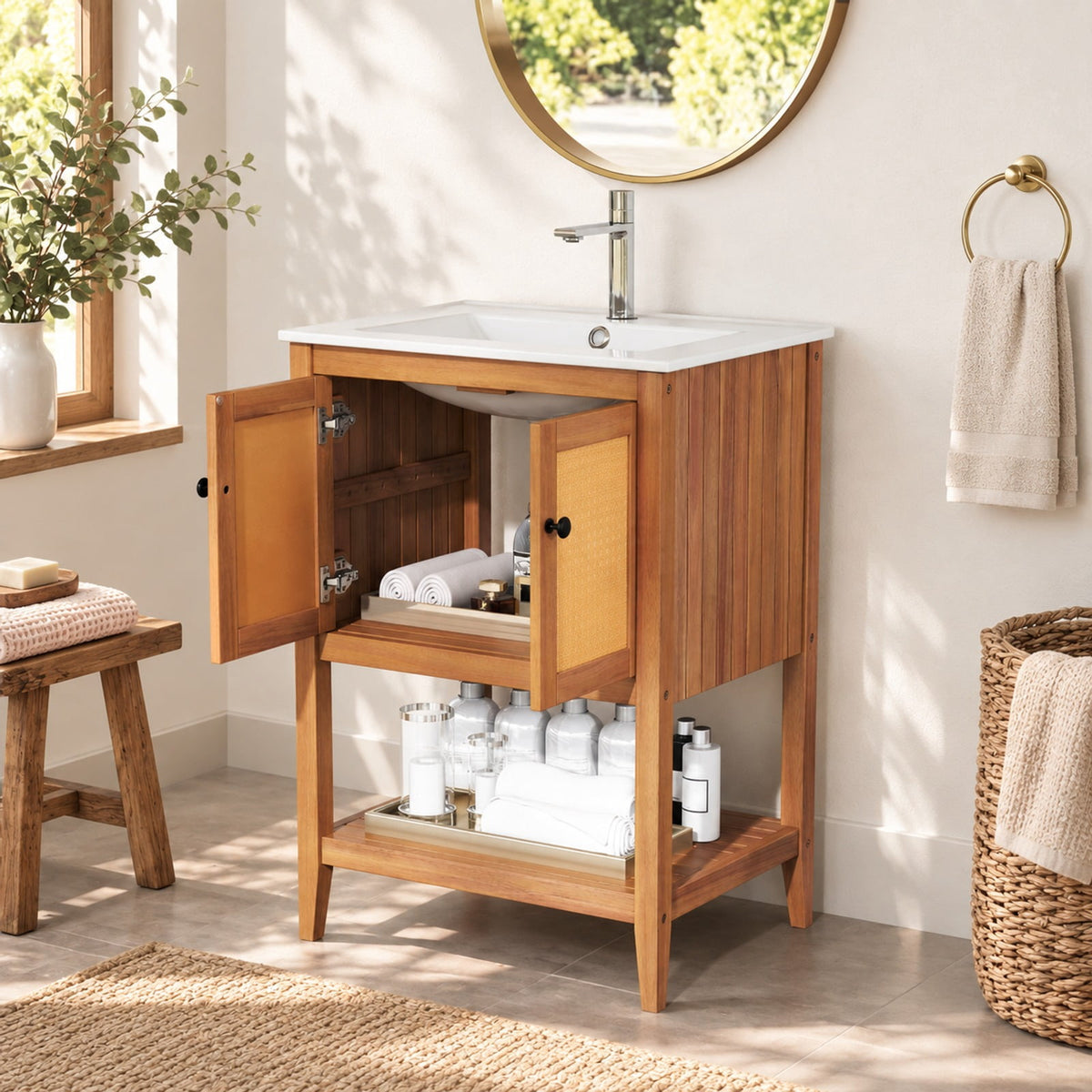 Airfind Bathroom Vanity with Ceramic Sink 2 Rattan Doors and Slatted Shelf, 70 lbs Capacity, Acacia Wood PE Rattan Ceramic Frame, White + Natural