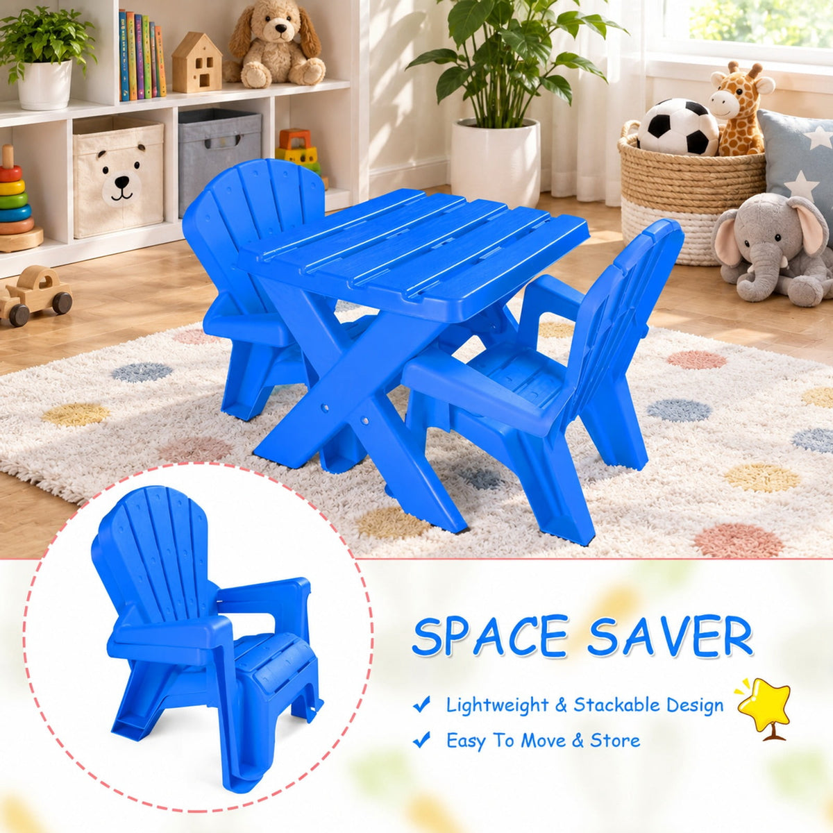 Airfind 3-Piece Plastic Youth Table Chair Set, 22 Lbs Capacity, Pp, Durable Construction Lasts for Years for Convenient Everyday Use, Blue