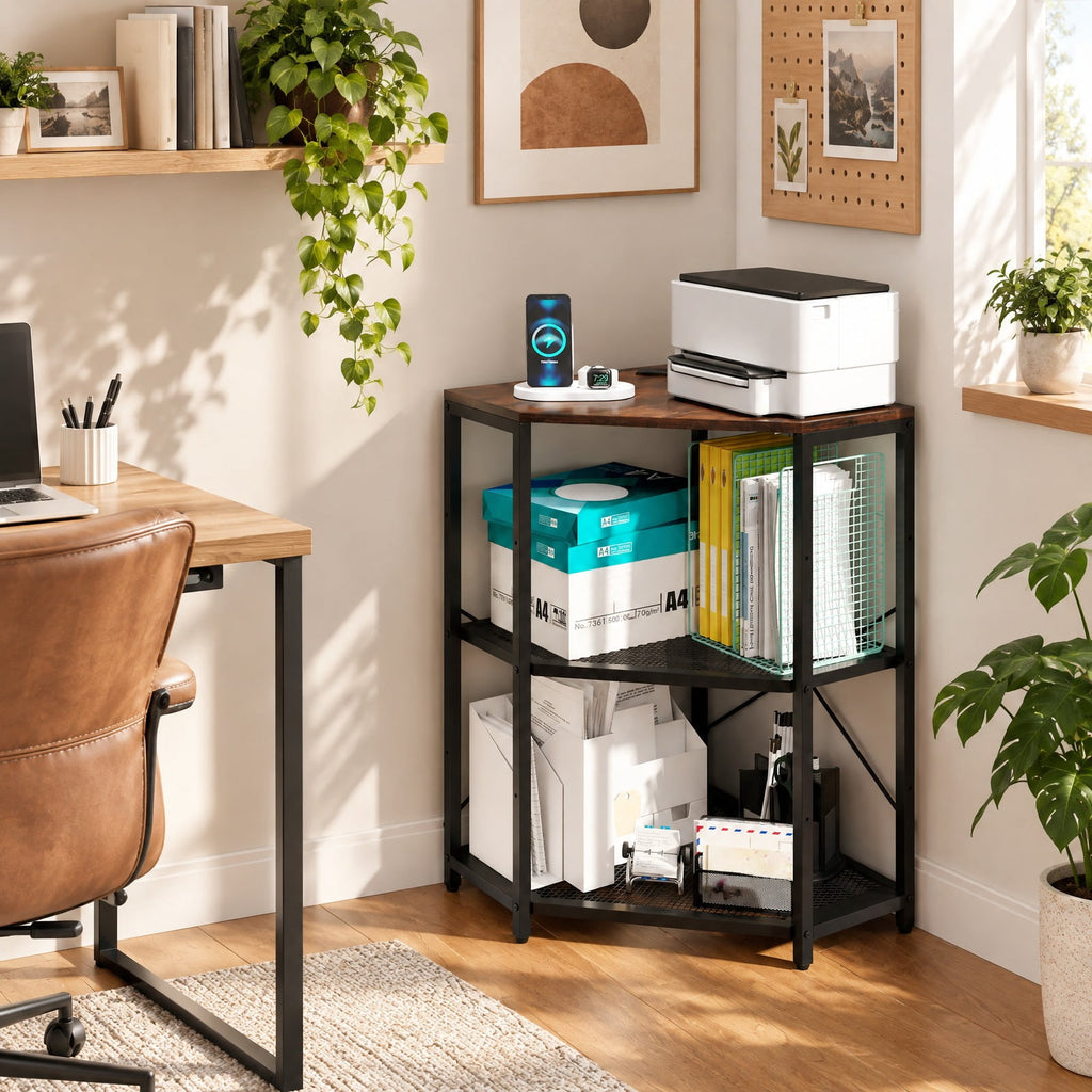 Airfind Corner Printer Stand with Power Outlet 3-Tier Storage Rack with Adjustable Shelf, 70 lbs Capacity, Engineered Wood Metal Frame, Brown