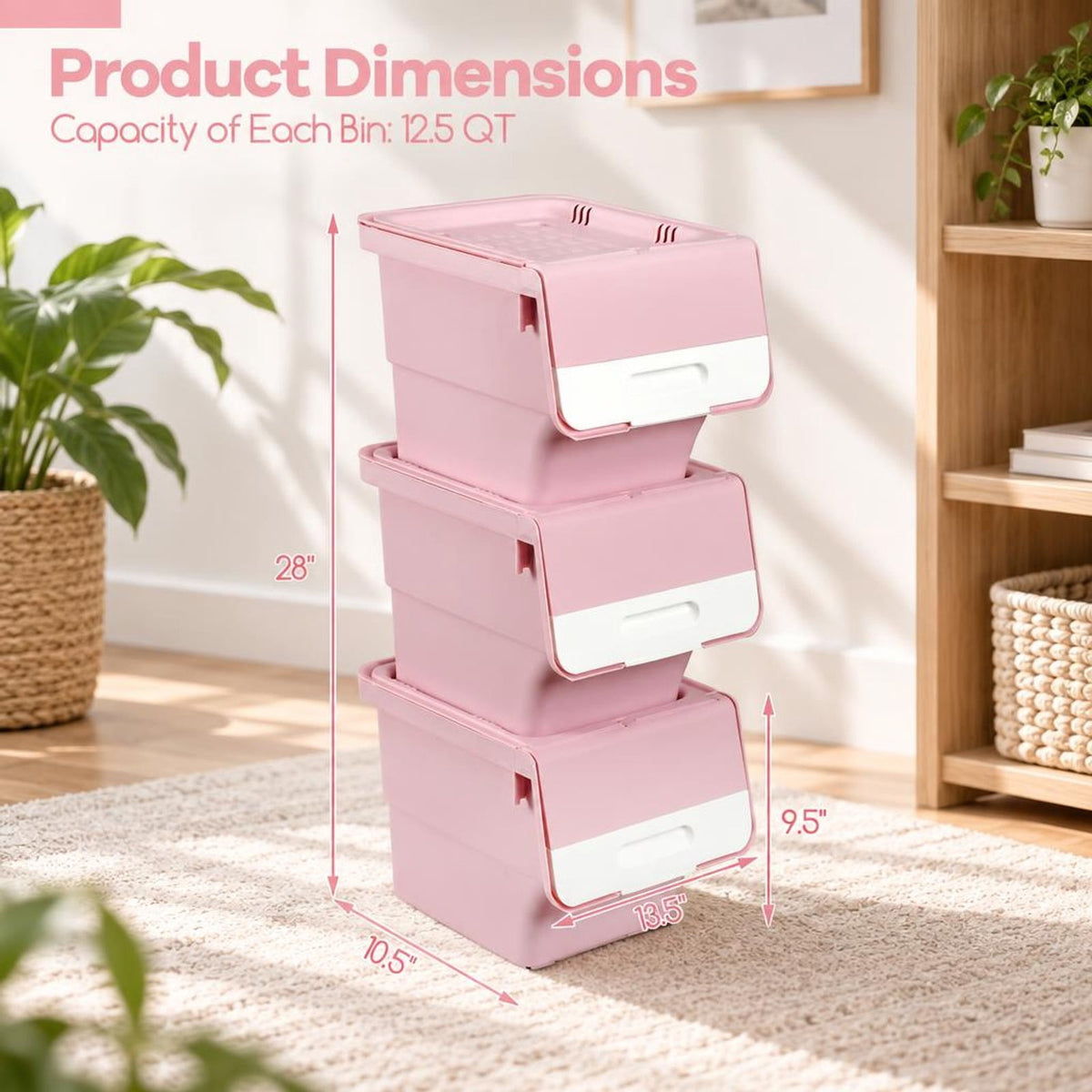 Airfind 3 Pieces Storage Bins on Wheels Stackable Plastic Boxes with Stay-Open Lid (S), 13 lbs Capacity, PP Frame, Pink