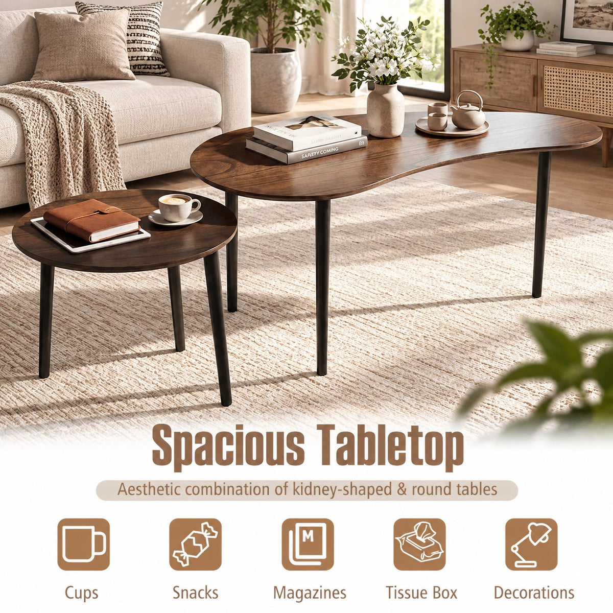 Airfind 2 Pieces Mid Century Nesting Tables with Rubber Wood Legs, 66 Lbs Capacity, Rubber Wood MDF for Convenient Everyday Use, Walnut