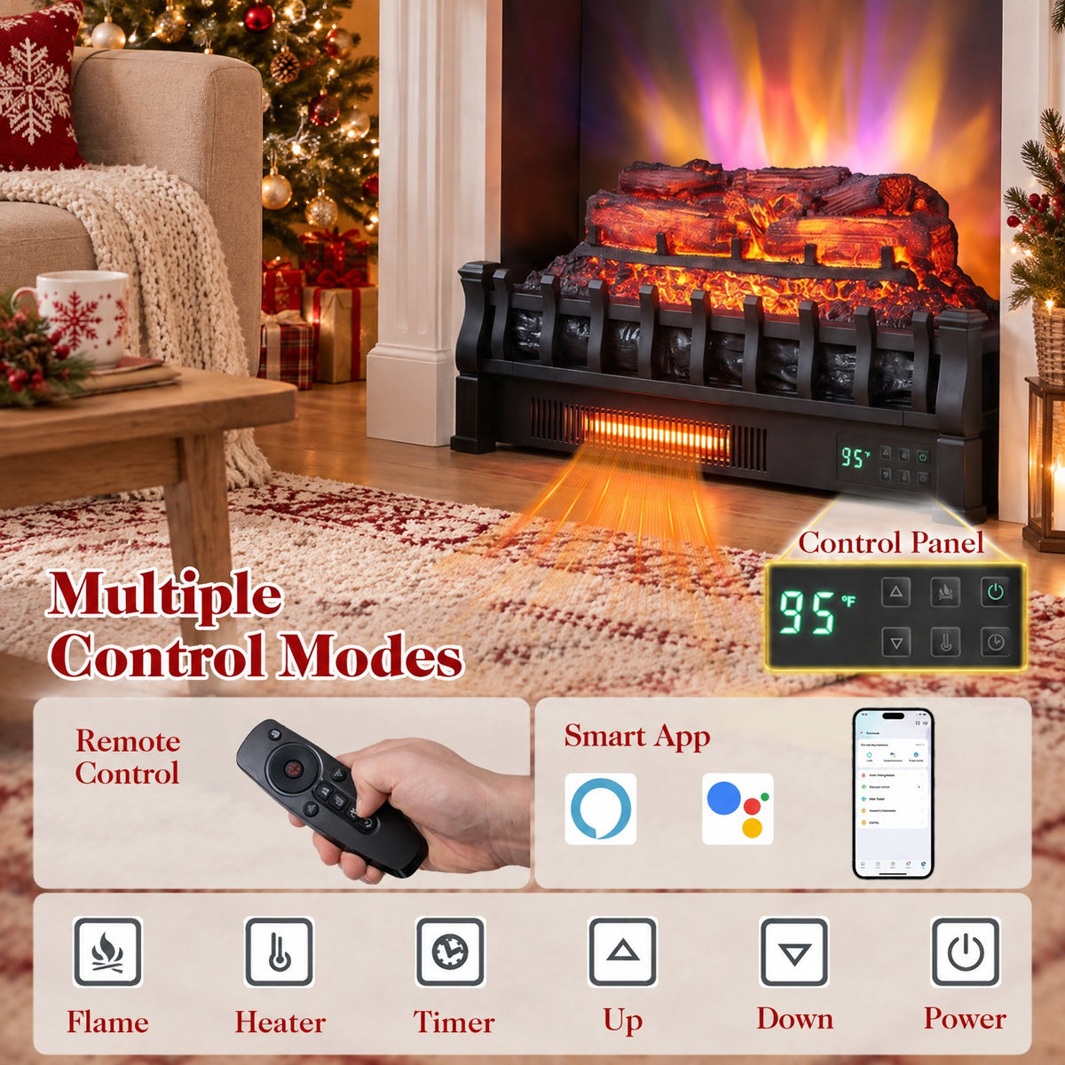 Airfind 23in WiFi Fireplace Insert Pinewood Set with App and Remote, Metal Resin Frame, 23in x 8.9in x 12.6in Cord Length 5.8 ft Footprint, Black
